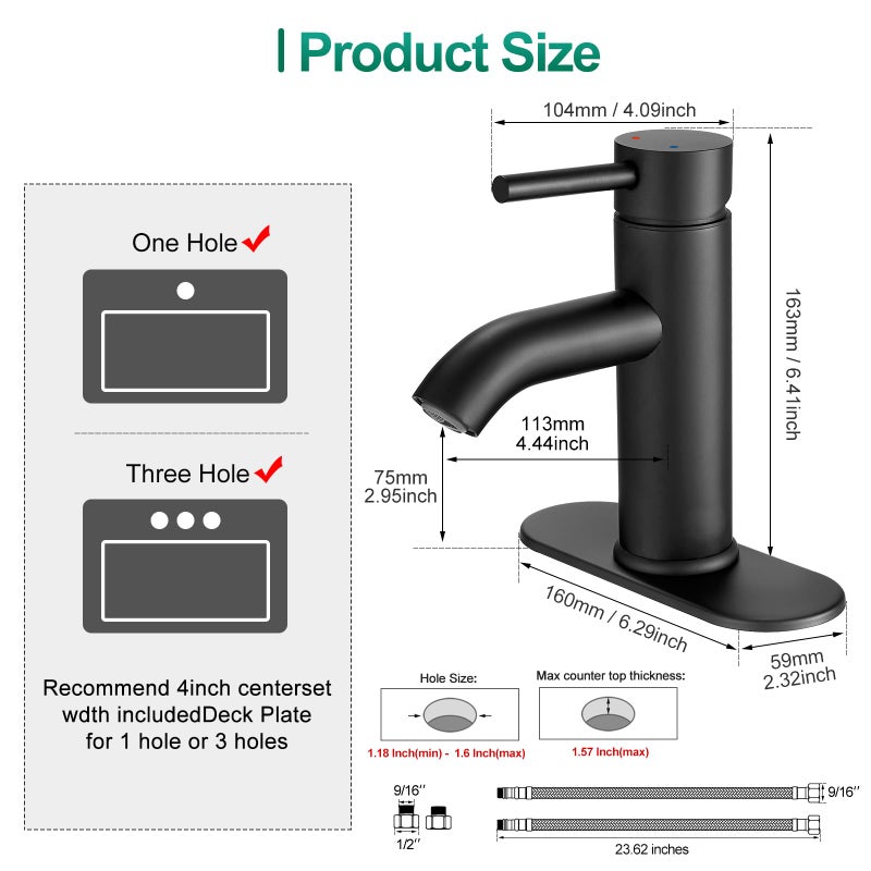VOTON Black Bathroom Faucet Single Handle Matte Black Bathroom Sink Faucet Rv Lavatory Vessel Faucet for Bathroom Faucet 1 or 3 Hole with Deck Plate - Image 5
